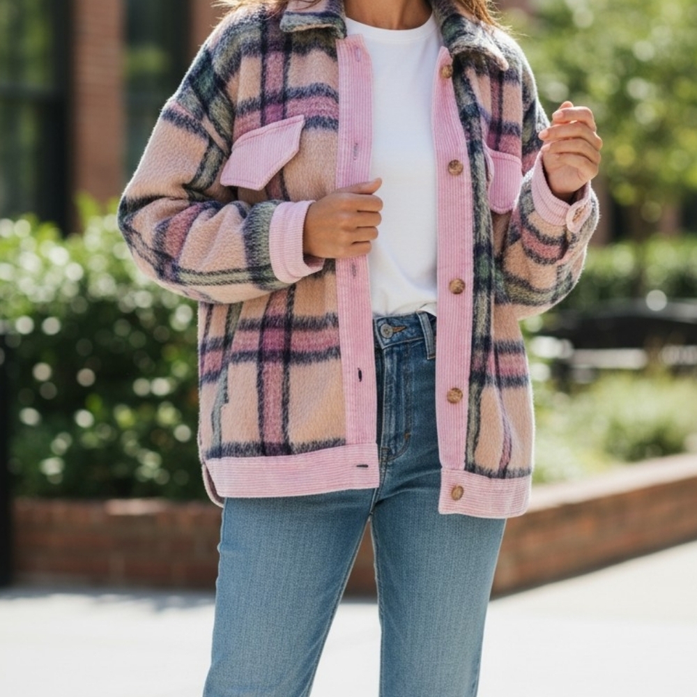 Mazik Pink and Blue Plaid Teddy Jacket